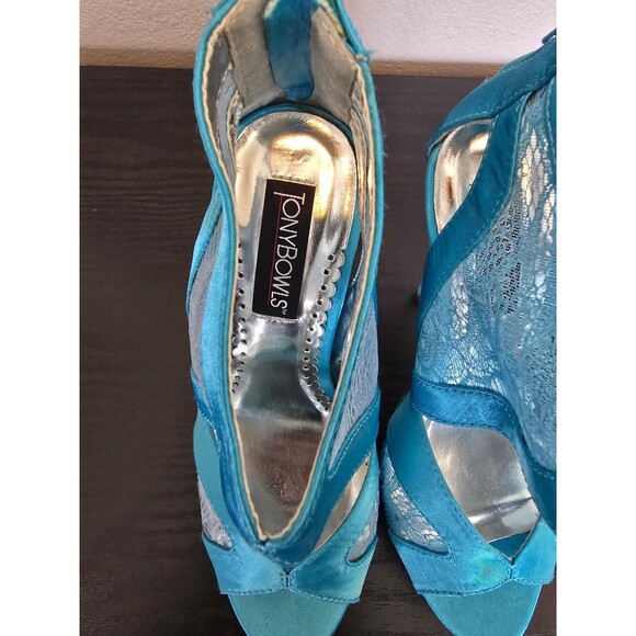 Tony Bowls blue satin high heel open toe pumps women's size 7 - Picture 5 of 12